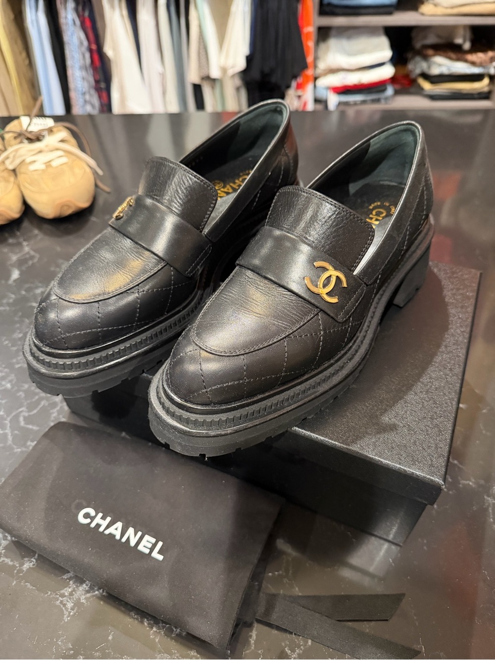 Chanel Black Quilted Leather Logo Loafers